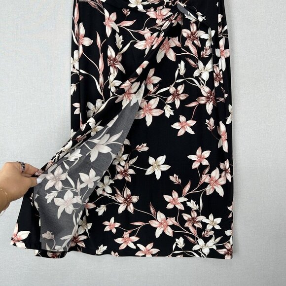 Lauren Ralph Lauren Womens Dress 8 Black Floral Midi Jersey Knot Mock Wrap Work - Picture 9 of 15